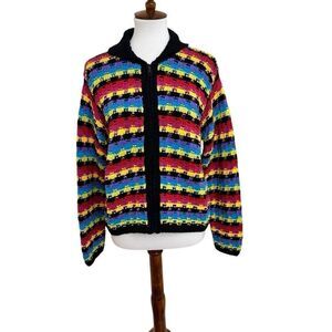 Marisa Christina Knitted by Hand Black Rainbow Full Zip Sweater Cardigan Large